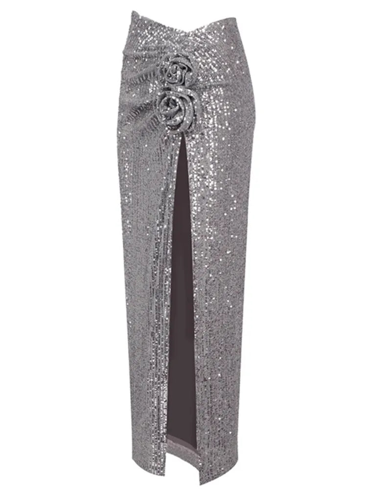 Women Mesh Sequins Flower Sparkly Silver Midi Bodycon Skirt 2024 Designer High Waist Party Office Lady Elegant Split Skirt