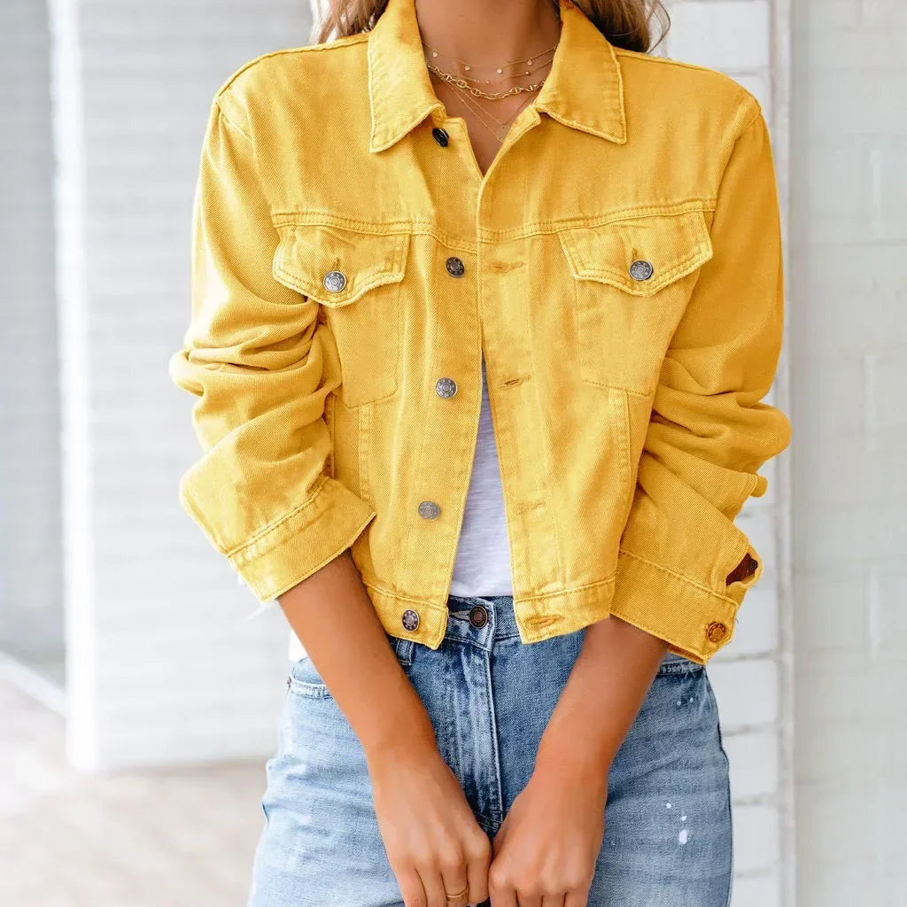 Short Pockets Jacket Fashion Streetwear Single Breasted Trend Women Denim Coats Long Sleeve Autumn New Denim Denim Coats Yellow