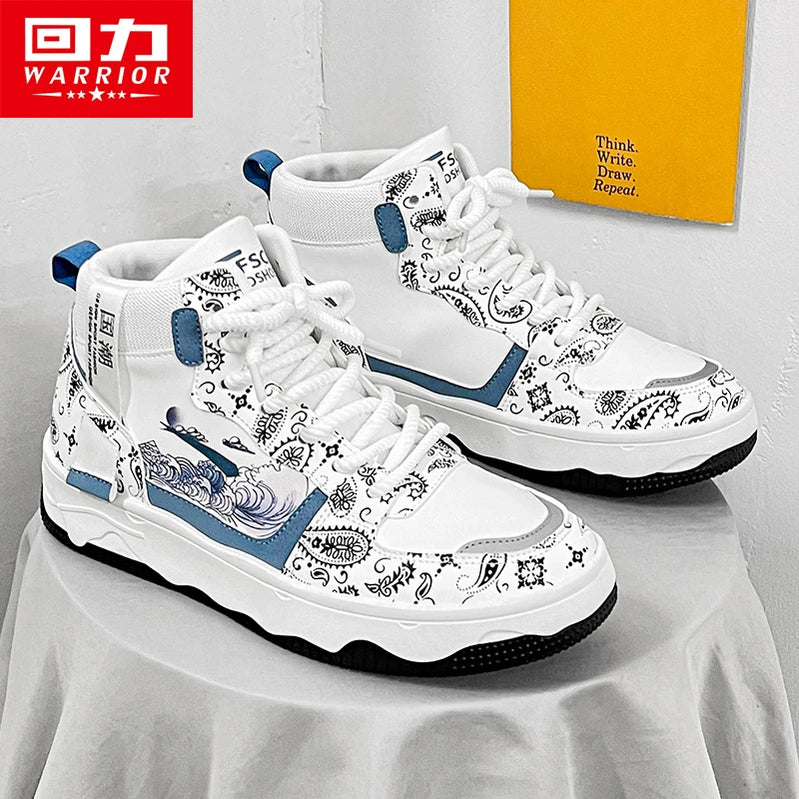 Warrior Men's Sneakers Casual Leather Skateboar Shoes - Fashion High Top Shoes For Men Para Walking Sneaker White