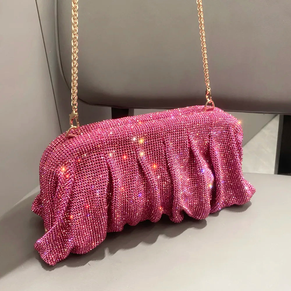 Mango brillante Rhinestones bolsos de embrague de la noche hechos a mano Nuevos pliegues y bolsos de la boda diseñador de lujo de alta calidad