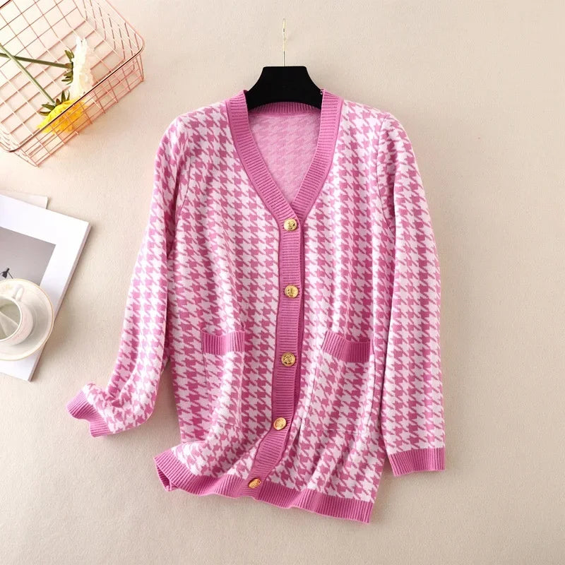 Houndstooth Cardigans Long Sleeve Sweater Women Autumn Winter Clothes Open Stitch Female Outwear Streetwear Knitted Cardigan bright pink One Size