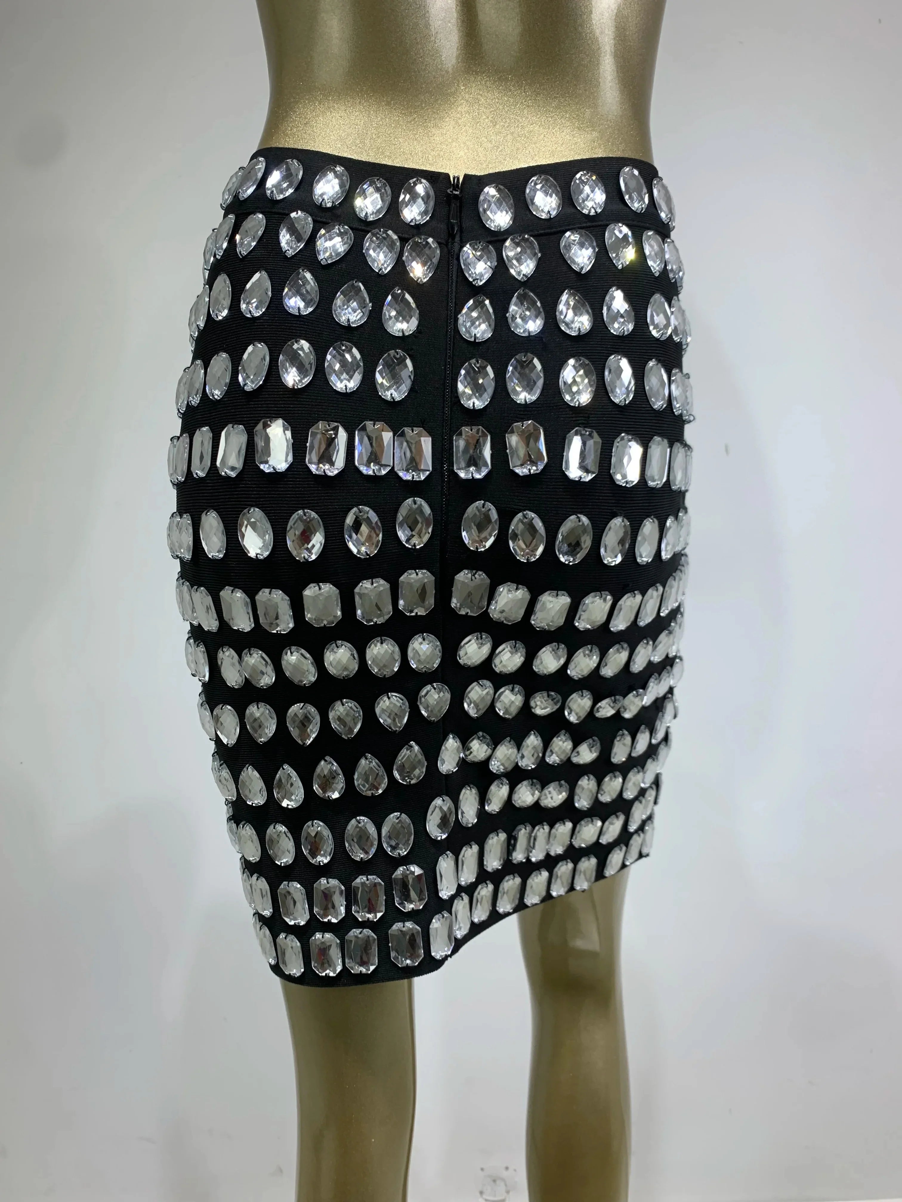 Women Celebrity Beading Rhinestone Black Mini Bodycon Bandage Skirt Designer High Waist Party Office Lady Elegant Skirt