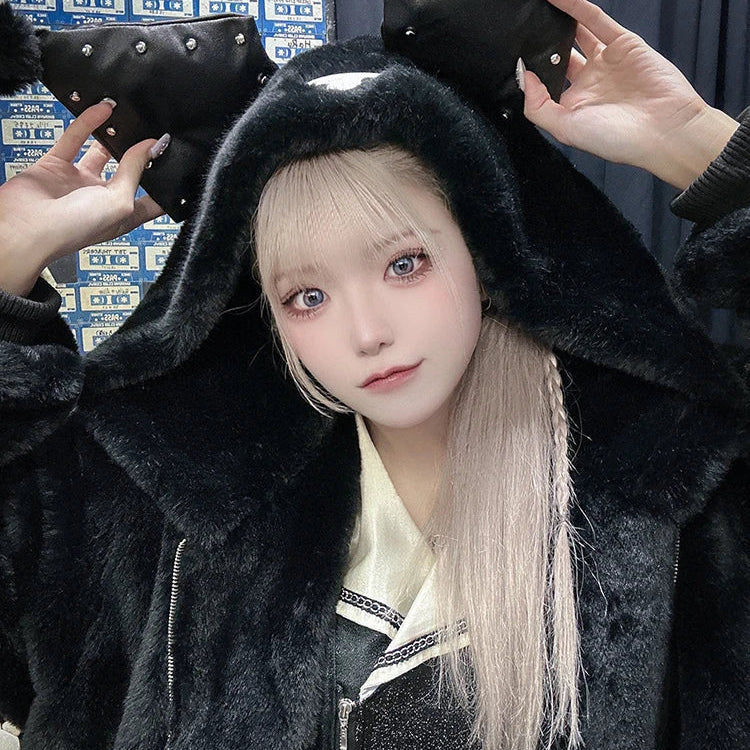 Winter Oversized Warm Thick White Faux Fur Coat Women with Hood Sweet Cute Kawaii Japanese Style Fashion Fluffy Jacket Black