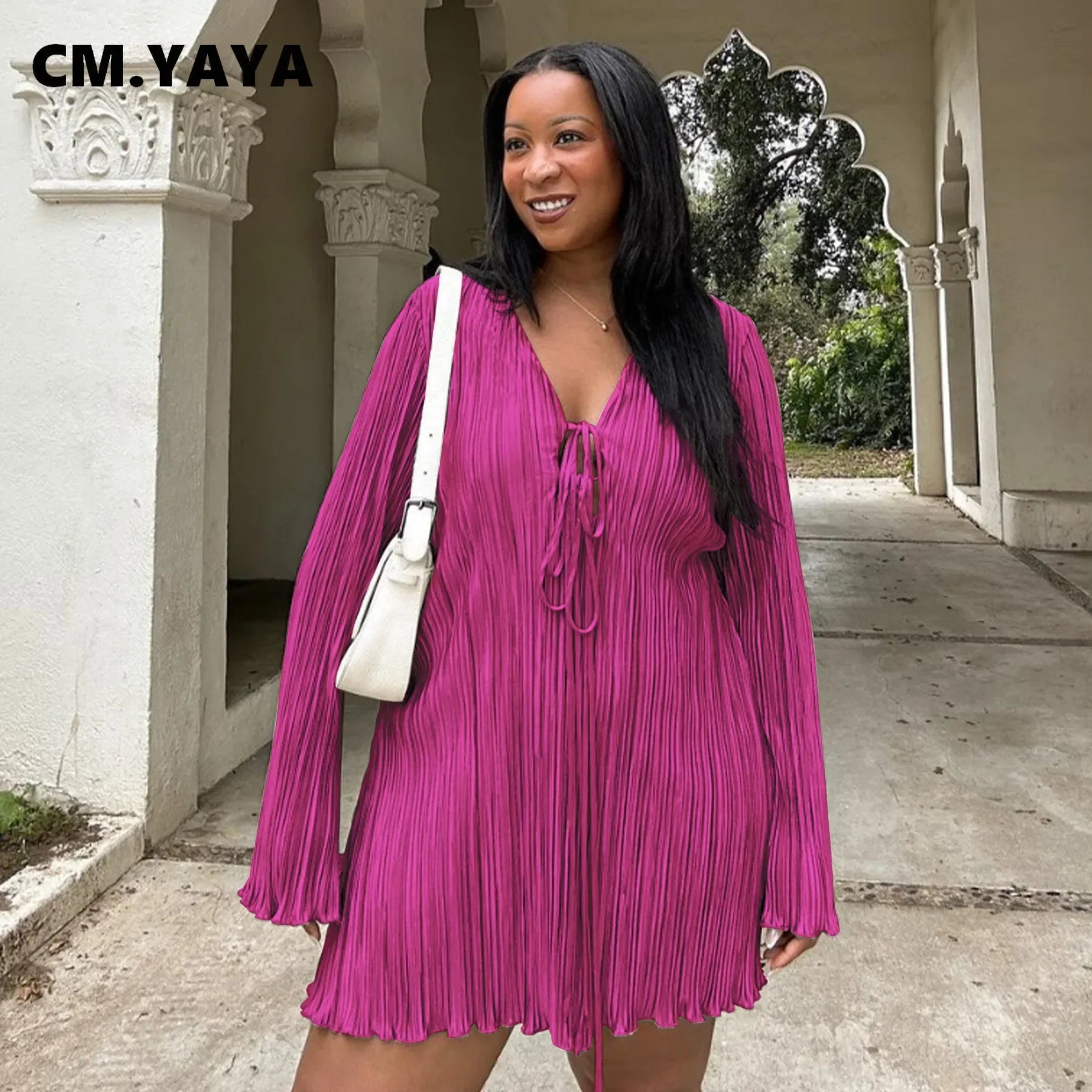 CM.YAYA Long Sleeve Women V-neck Pleated Dress Casual Streetwear Plus Size Mini Dresses 2024 Autumn Slim Party Casual