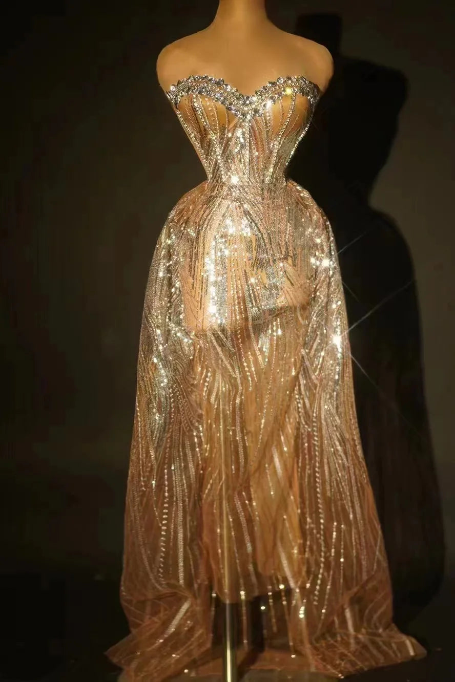 Silver Sparkly Crystal Women Strapless Laced-up 2 Pieces Long Dress Celebrate Birthday Photo Shoot Performance