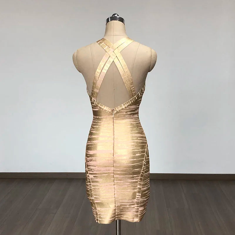 Gold Foil Color Women Sexy Off the Shoulder V-Neck Bodycon Mini Bandage Dress Celebrate Evening Party Birthday Outfit Vestido