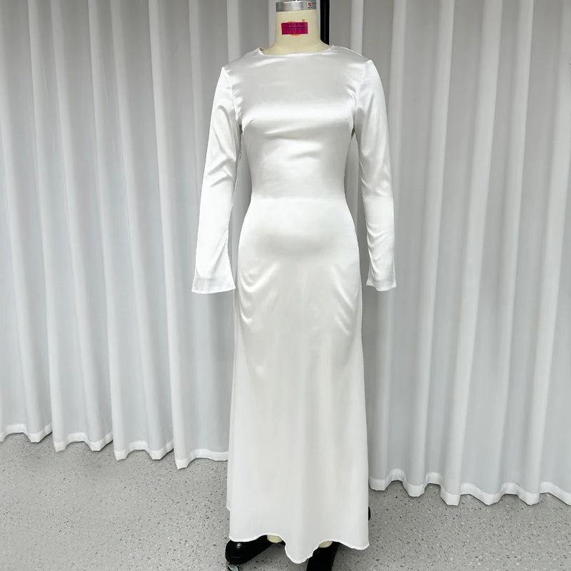 Women Maxi Dress Autumn Elegant Solid Round Neck Loose Satin White Party Long Dresses High Streetwear For Female