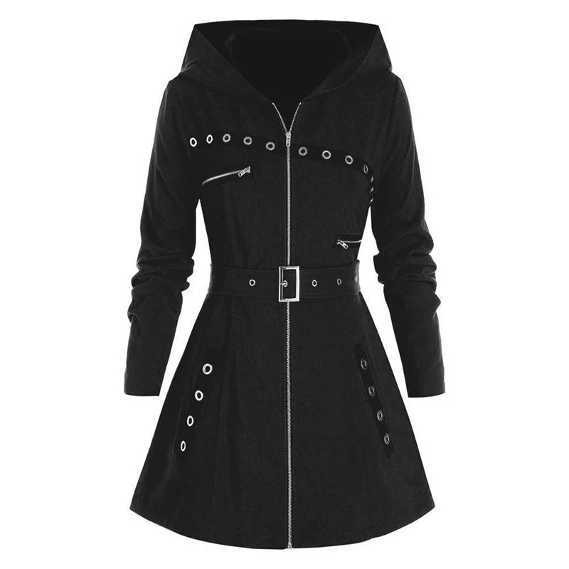 Women Long Hoodies Coat Autumn Winter Long Sleeve Gothic Punk Print Warm Jacket Female Streetwear Zipper Sweatshirt Jakets black