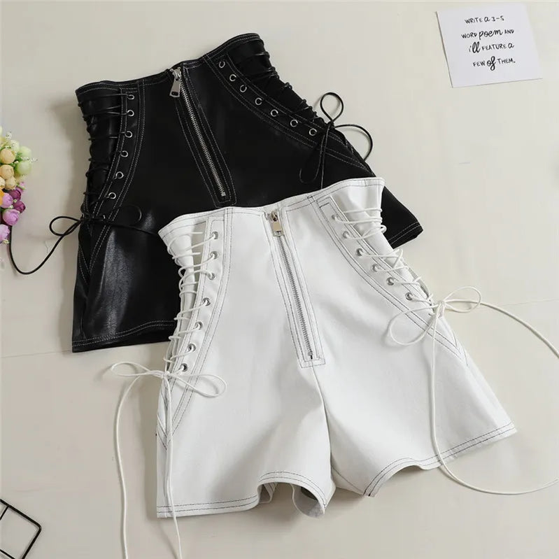 Nuove donne autunnali Phors Shorts Tie Bow Bandage High Waist Shorts Casual White Black in pelle Shorts Ladies tutte abbinano pantaloncini a gamba larga