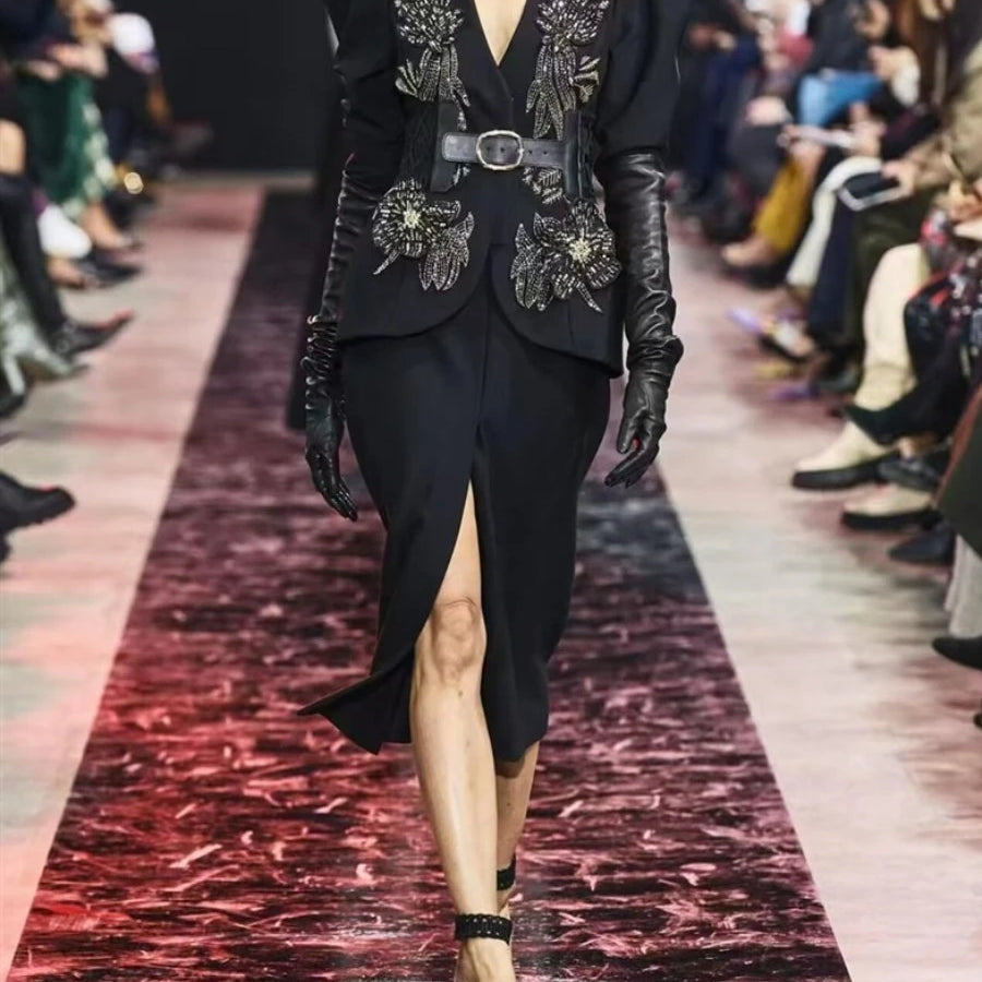 TWOTWINSTYLE Conjunto de duas peças com apliques sólidos e decote em V, manga comprida, top e saia dividida de cintura alta, conjunto elegante feminino
