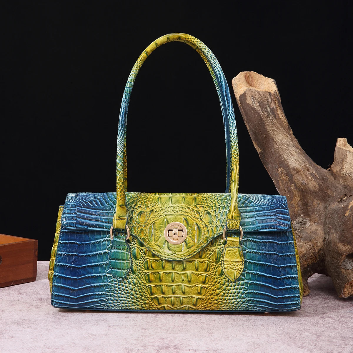 Multicolor Crocodile Pattern Fashion Handheld Stick Bag Large Capacity One Shoulder Underarm Bag Women's Luxury Handbag YellowBlue