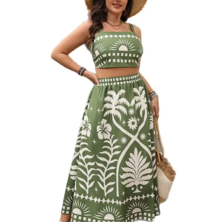 Plus Size Summer Floral 2 Two Piece Set Women Slim Ladies Cropped Sleeveless Slip Tops Ruffle Fashion High Waist Woman Skirts