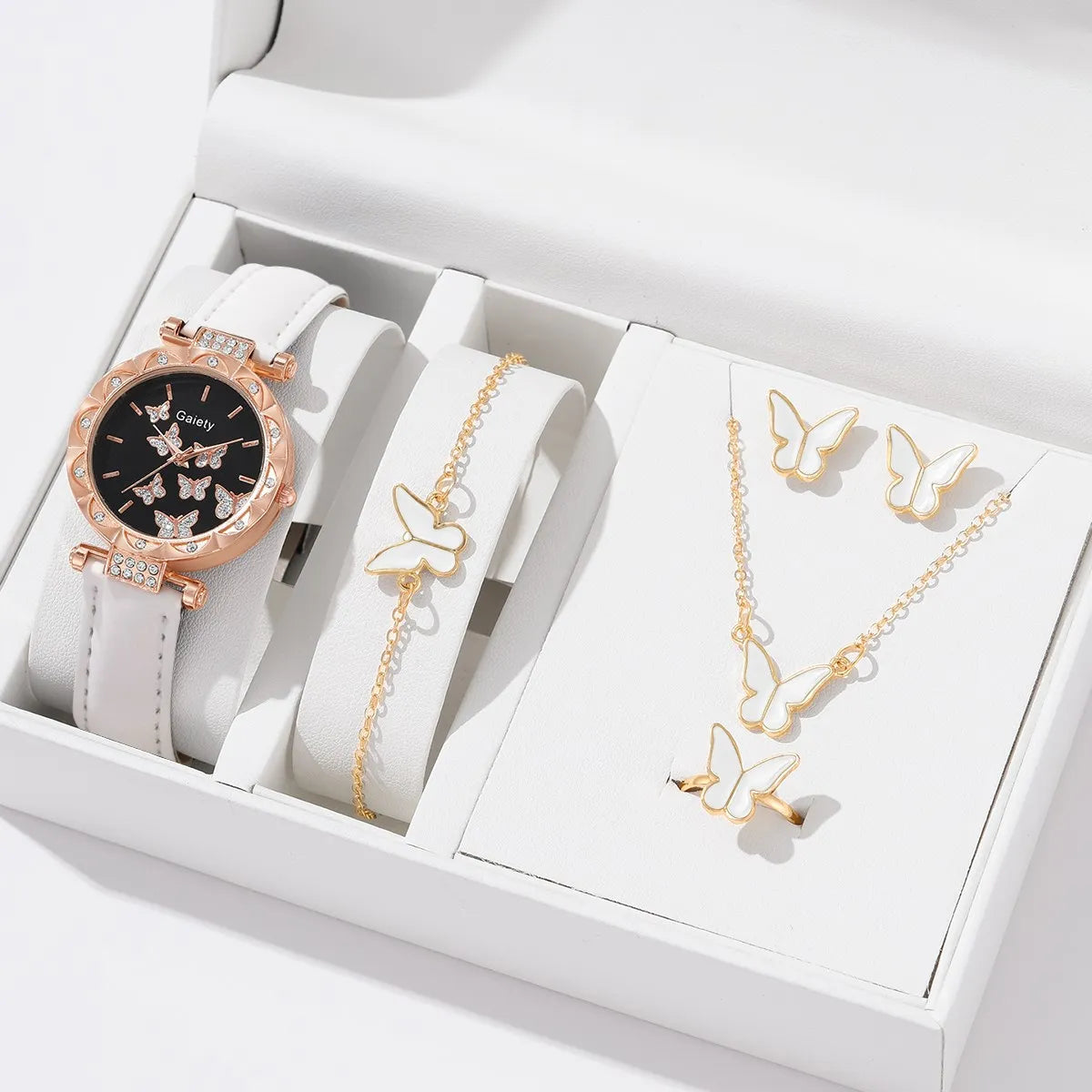 6pcs Luxury Watch Women Ring Necklace Earrings Bracelet Set Watches Butterfly Leather Strap Ladies Quartz WristWatch No Box 6pcs set white 4691