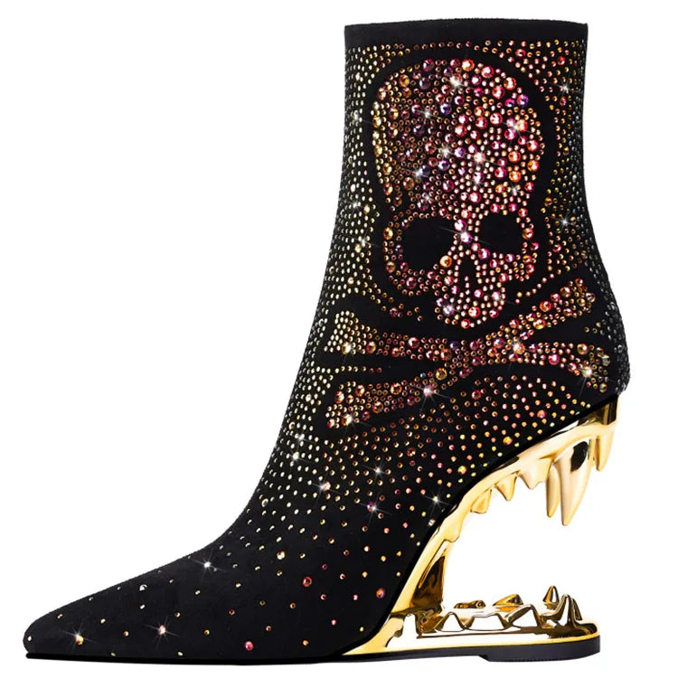 Women's Autumn and Winter New Water Diamond Knee Long Boots Pointed Side Zipper Tiger Teeth High Heels Banquet Party Boots golden-2