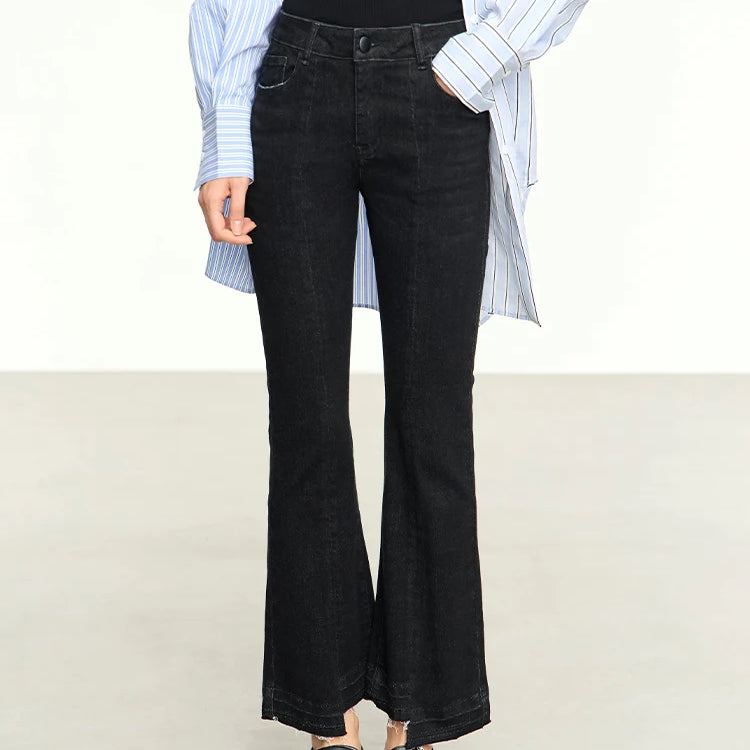 Minimalist Black Women Jeans Autumn Slim Ankle-length New Pants Asymmetrical Flare Retro Casual Trousers