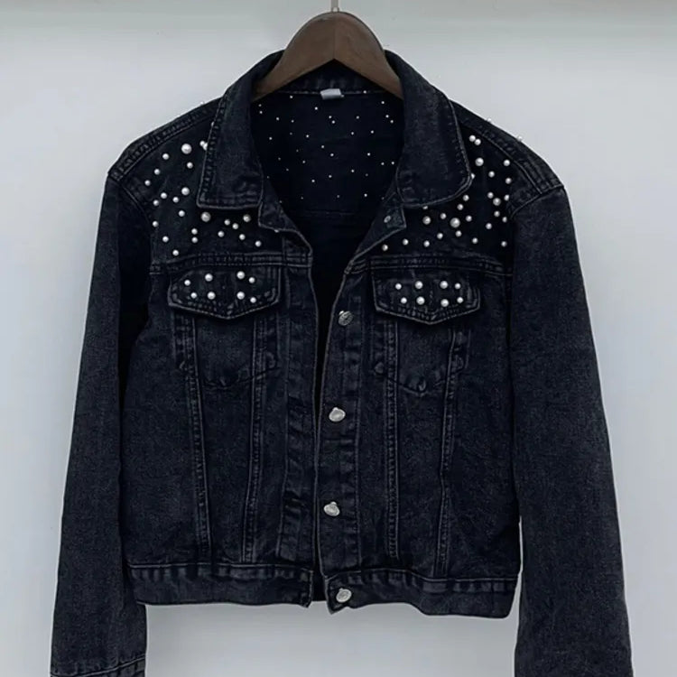 Autumn Fashion Women’s Denim Jacket Full Sleeve Loose Button Pearls Short Lapel Wild Casual