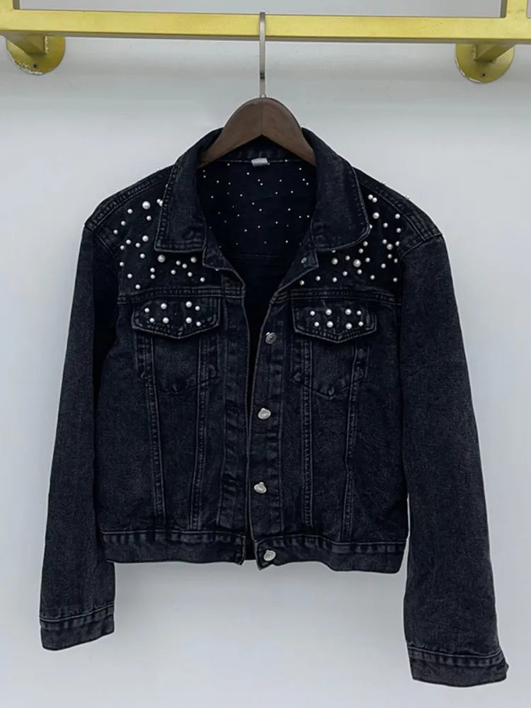 Autumn Fashion Women’s Denim Jacket Full Sleeve Loose Button Pearls Short Lapel Wild Casual