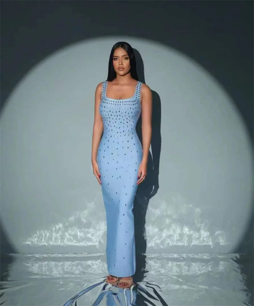 Vestido longo feminino, preto, azul-celeste, sem mangas, sexy, gola redonda, brilhante, com cristais, colado, bandagem, roupa para festa e boate