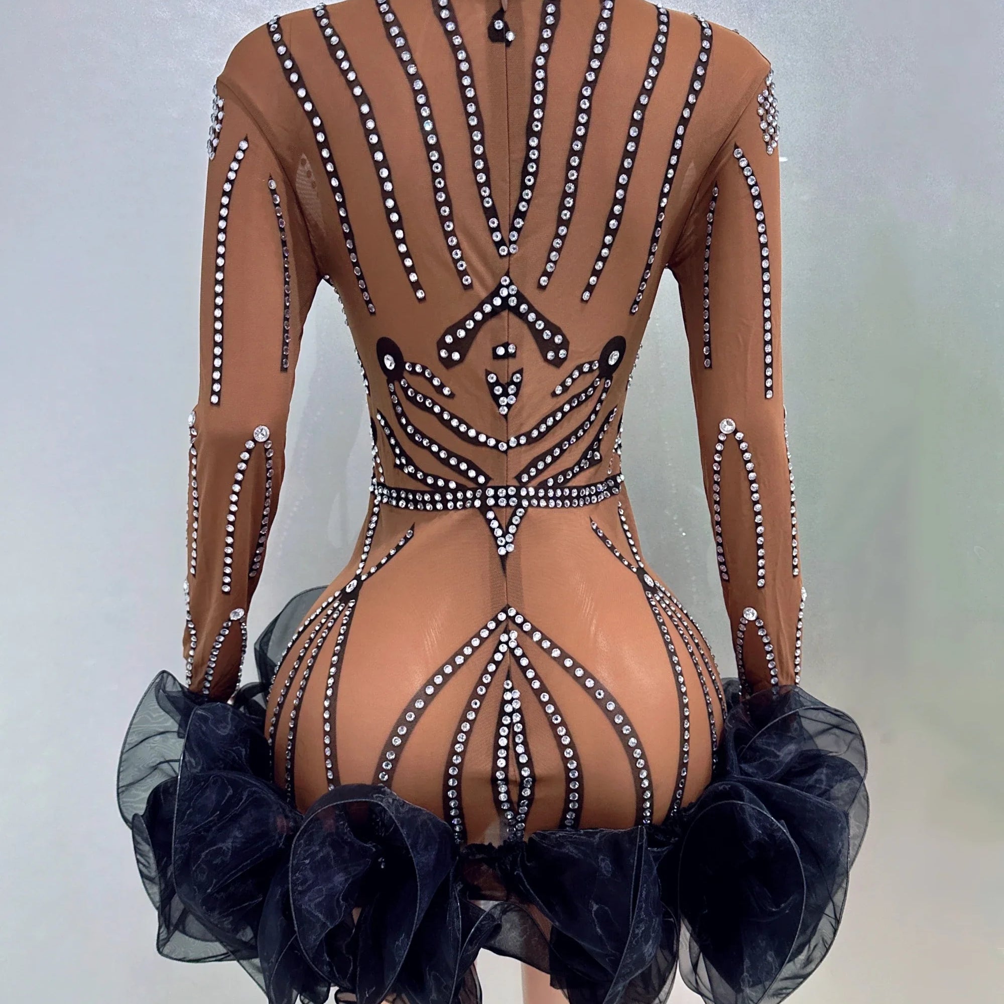 STOCK Women Long Sleeve Sexy Mesh Bodycon Ball Gown Mini Dress Bar Singer Nightclub Party Celebrate Performance Costume Wear