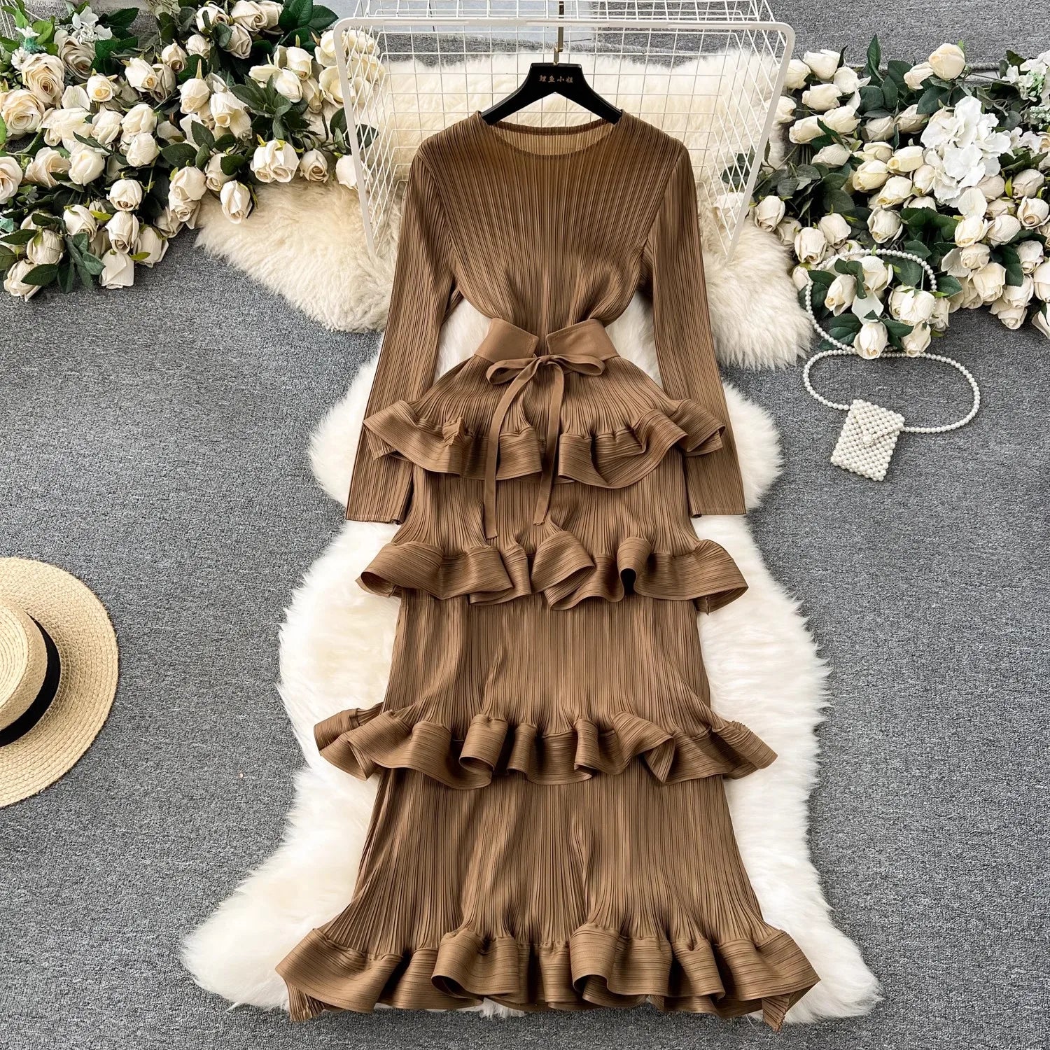 Miyake Multi-layer Cascading Pleated Dress Women O Neck Long Sleeve Solid Color Ruffles Cake Belt Dress Female Party Clothing
