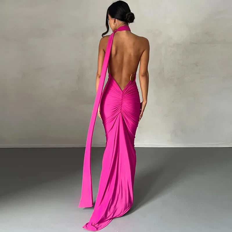 2023 New Fashion Elegant Maxi Dress for Women Sexy One Shoulder Bodycon Slim Pleated Solid Backless Dresses Party Club Clothes 3 rose red