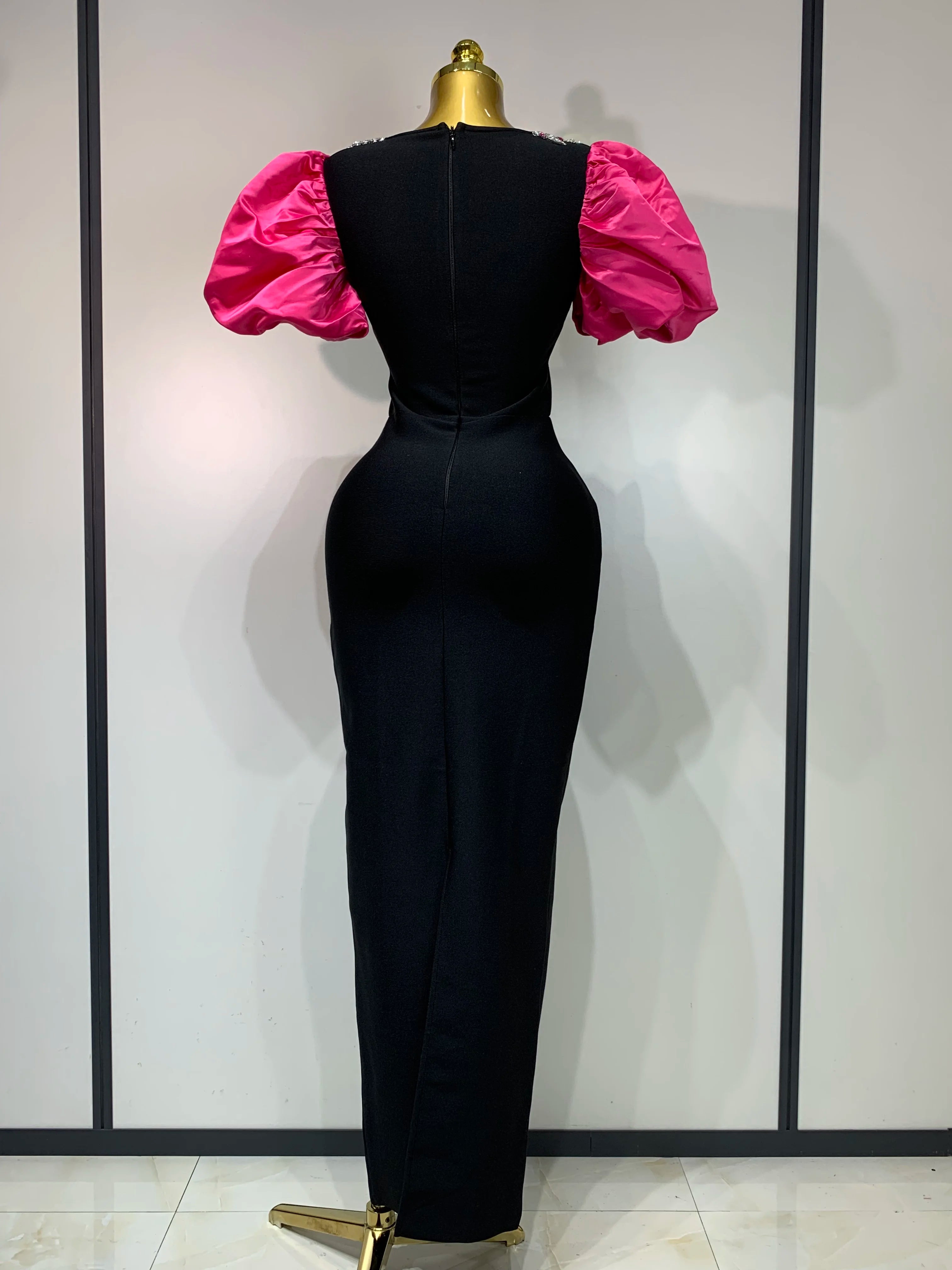 Women Sexy Puff Sleeve Square Collar Shinning Crystal Bodycon Long Bandage Dress Celebrate Evening Party Luxury Birthday Dress