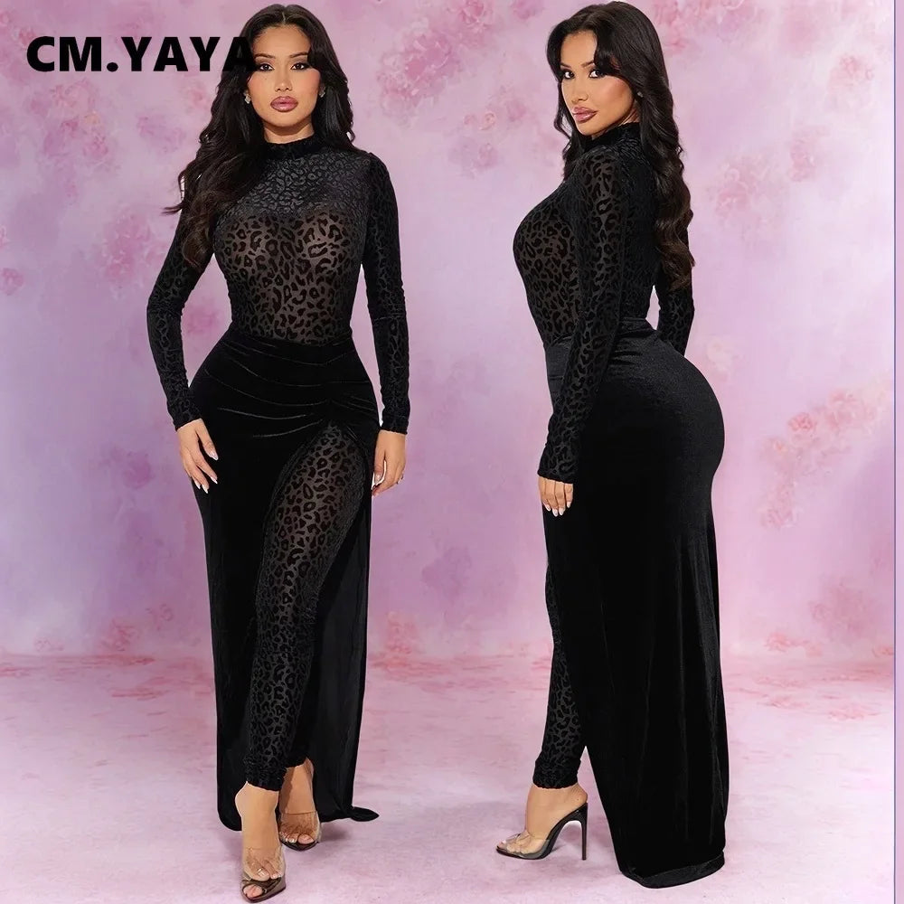 CM.YAYA Women's Set Leopard Velvet Long Sleeve Jumpsuits +Long Skirts 2025 Spring Streetwear Sexy Party Two 2 Piece Sets Outfits