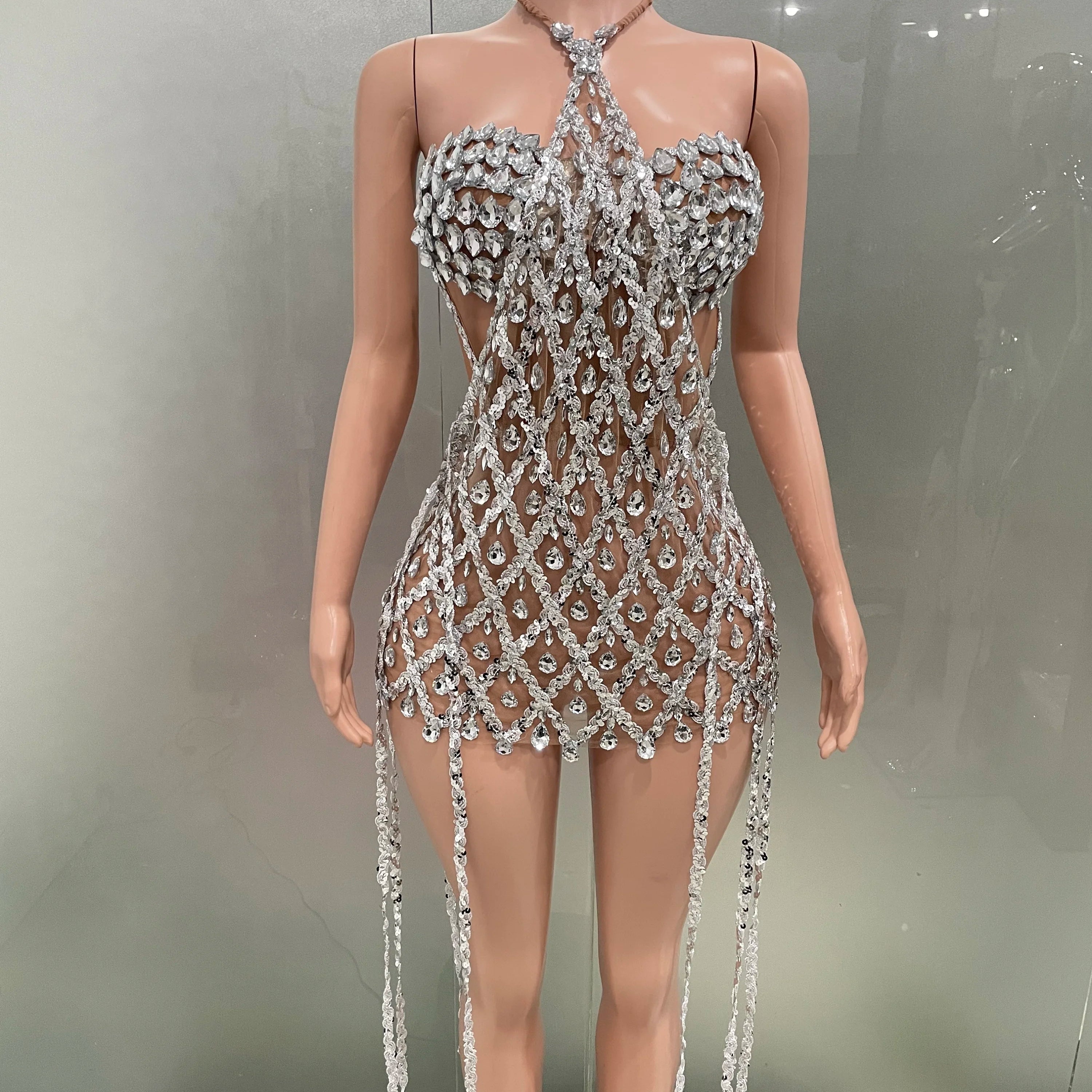 Blue Sequins Shining Diamonds Long Tassel Sleeveless Mini Dress 2 Pieces High Quality Birthday Party Outfit Performances Costume