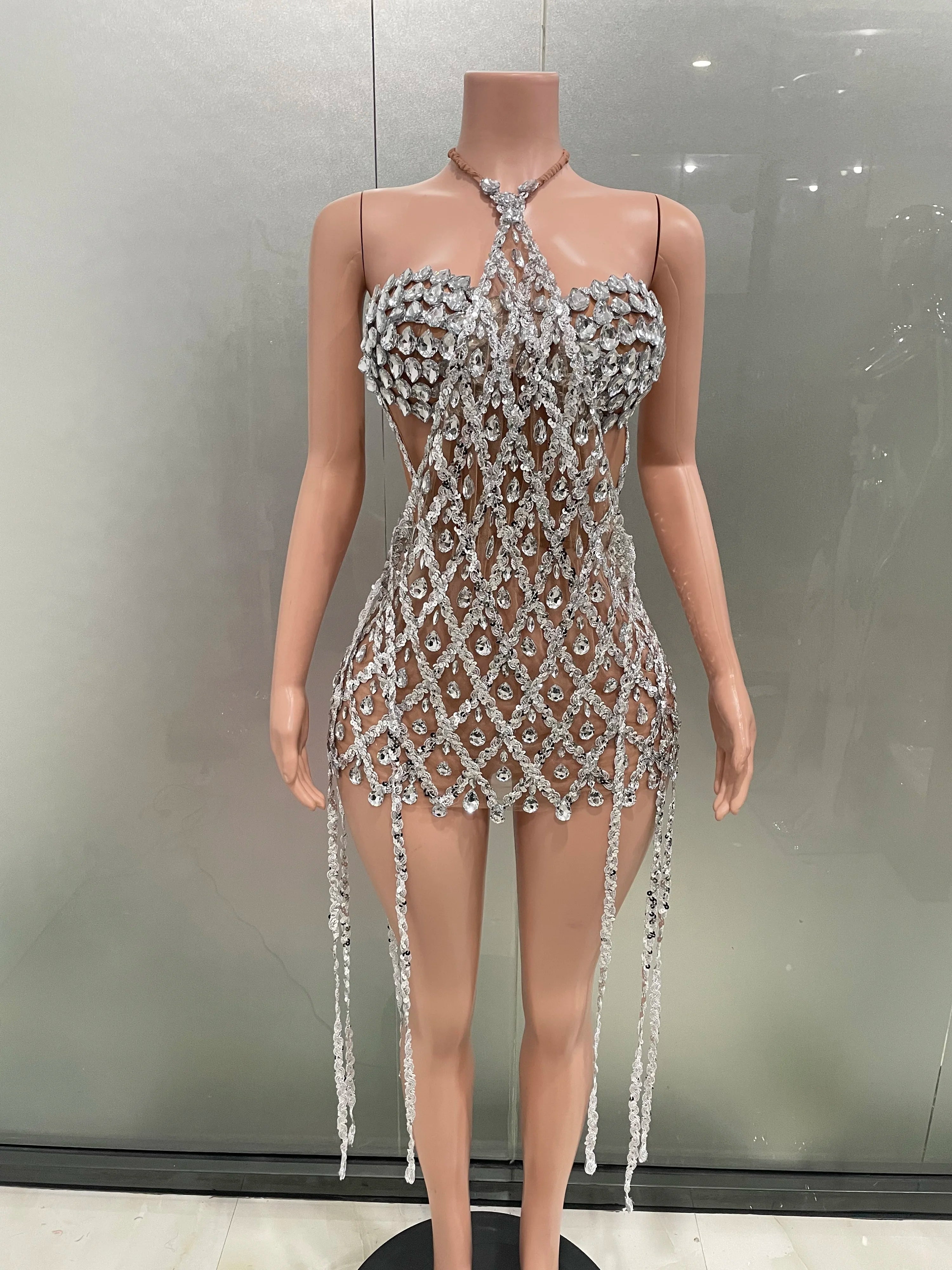 Blue Sequins Shining Diamonds Long Tassel Sleeveless Mini Dress 2 Pieces High Quality Birthday Party Outfit Performances Costume