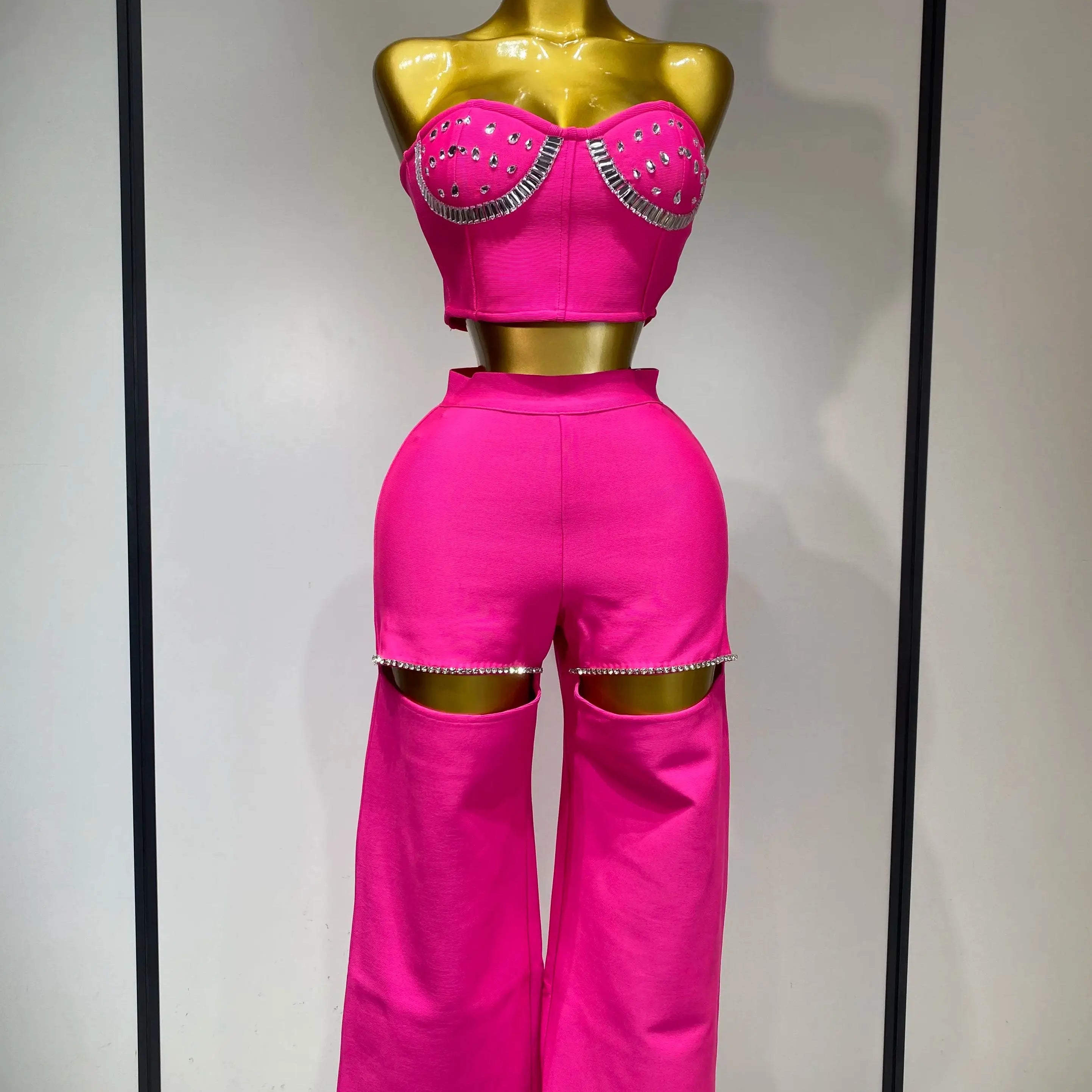 Women Sexy Strapless Top Cut Out Bodycon Two Pieces Bandage Pants Celebrity Designer Fashion Women Luxury Diamond Birthday Set