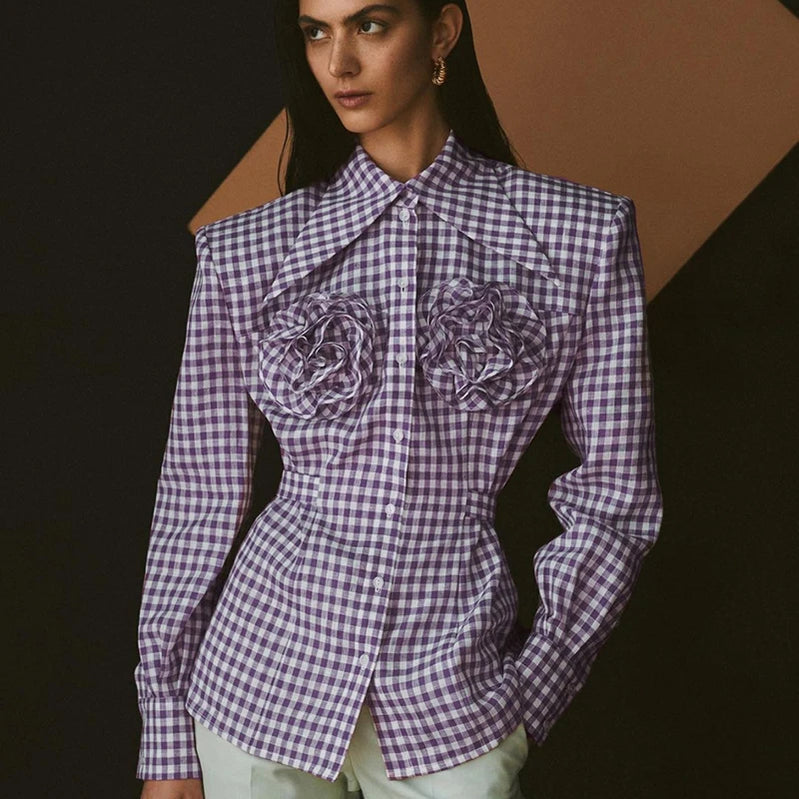 Fairy Grunge 3D Floral Plaid Shirt 90s Vintage Long Sleeve Lapel Button Women Shirt French Aesthetic Trendy Fashion Streetwear PURPLE