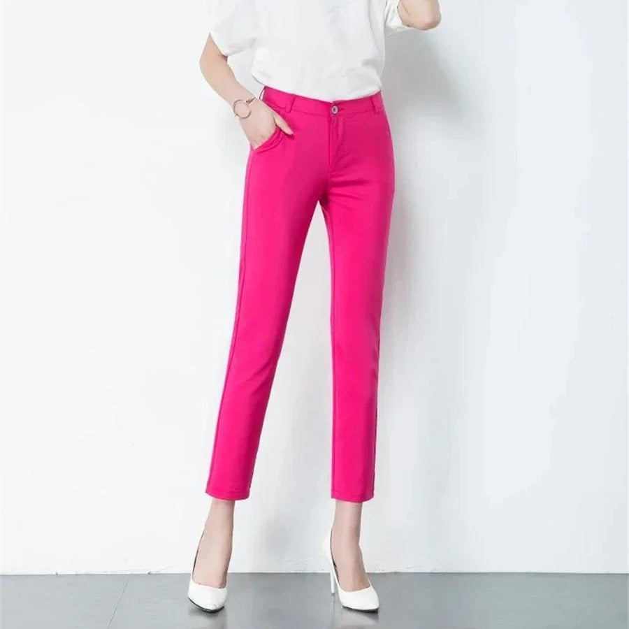 High Waist Office Elegant Slim 90cm Ankle-length Trousers Pencil Pants Women Spring Summer S-4xl Casual Formal Pantalones rose red