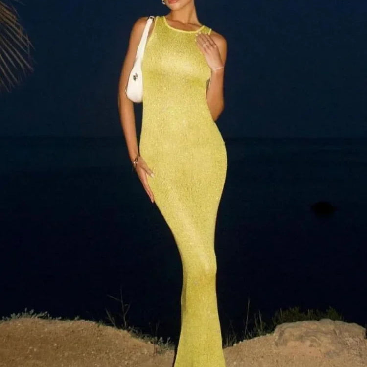 Women Sexy Yellow Glitter Splicing Square Neck Long Dress Casual Slim Sleeveless Sling Maxi Dresses Female Summer Holiday Robes