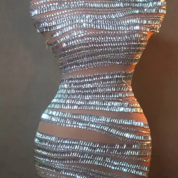 STOCKSparkly Rhinestones Short Dress for Women Sexy Off-shoulder See Through Evening Celebrate Birthday Dress Photo Shoot Stage