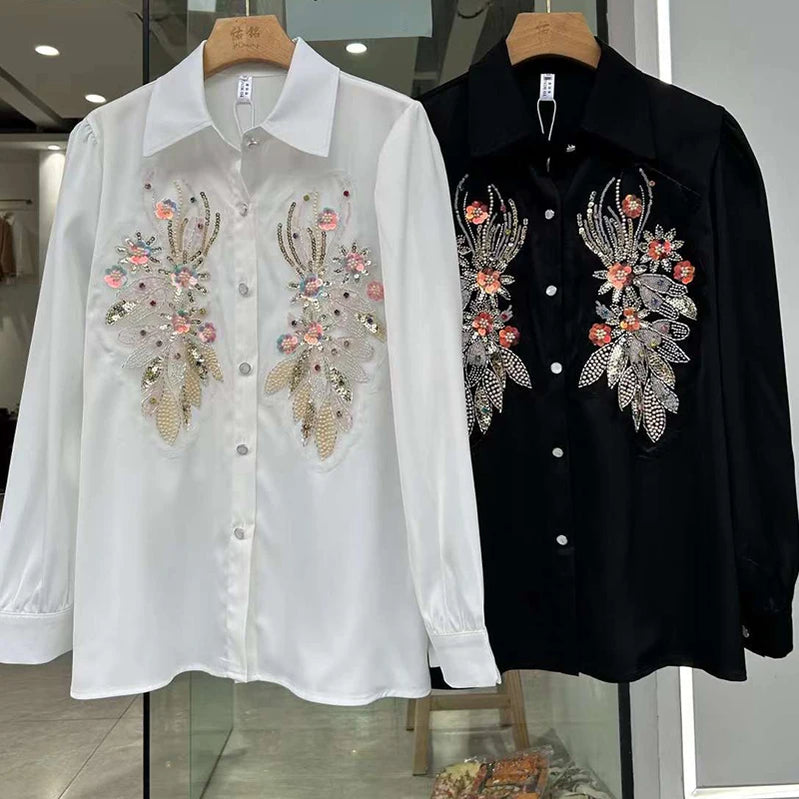 Beading Sequined White Satin Blouse for Womens Elegant Long Sleeve Korean Style Loose Shirt Tops Casual Daily Office Lady