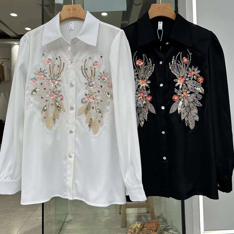 Beading Sequined White Satin Blouse for Womens Elegant Long Sleeve Korean Style Loose Shirt Tops Casual Daily Office Lady