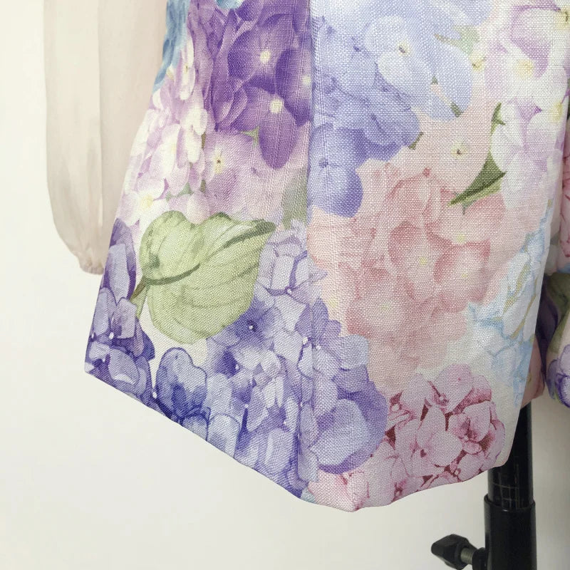 Shot In Stock Australian Spring Summer Celebrity Liu Shishi Same Style Purple Floral Long Sleeve Shirt + Shorts Set