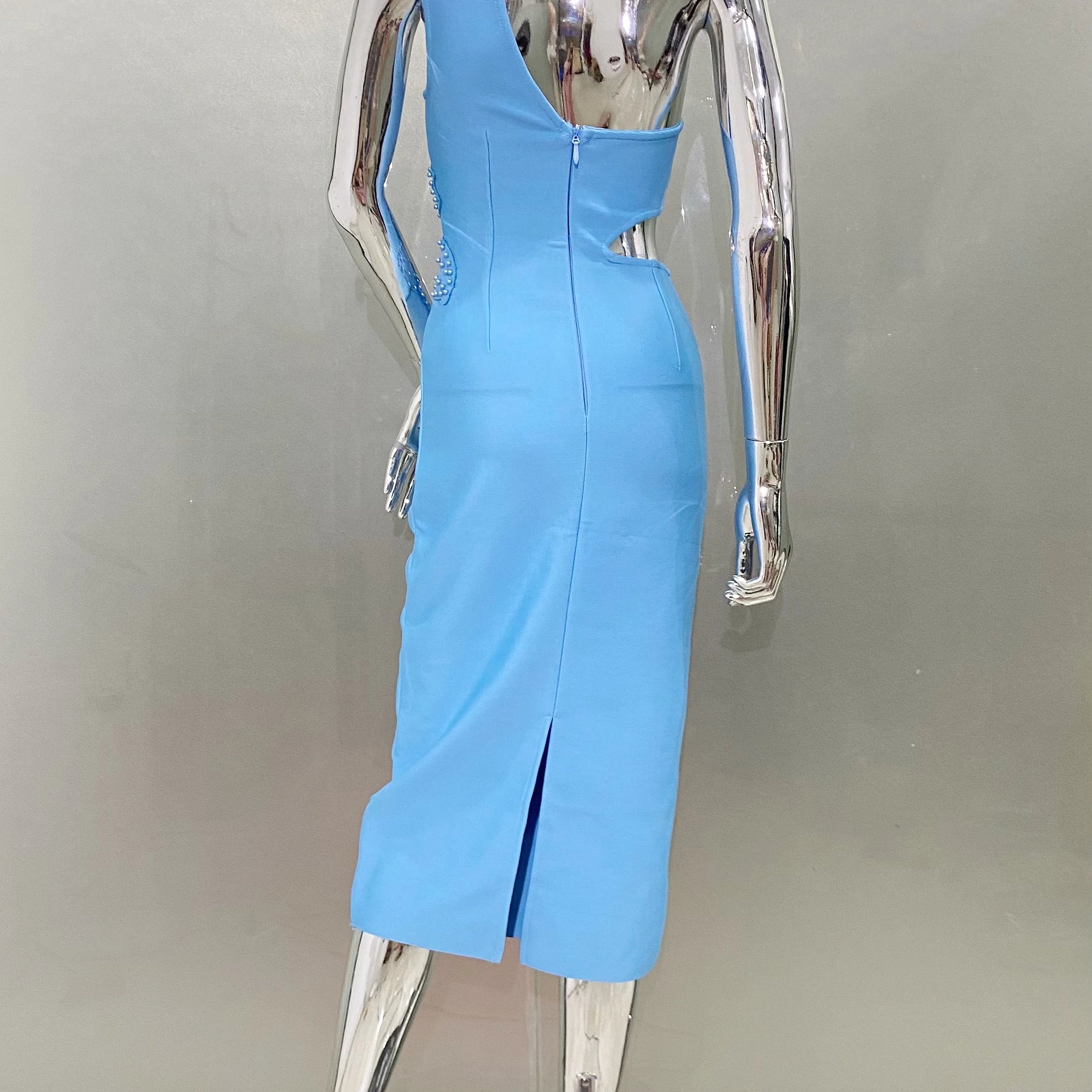 Blue Color Beading Flower Sexy One Shoulder Expose waist Mid Calf Bandage Dress Elegant Woman Evening Dress Cocktai Party Outfit