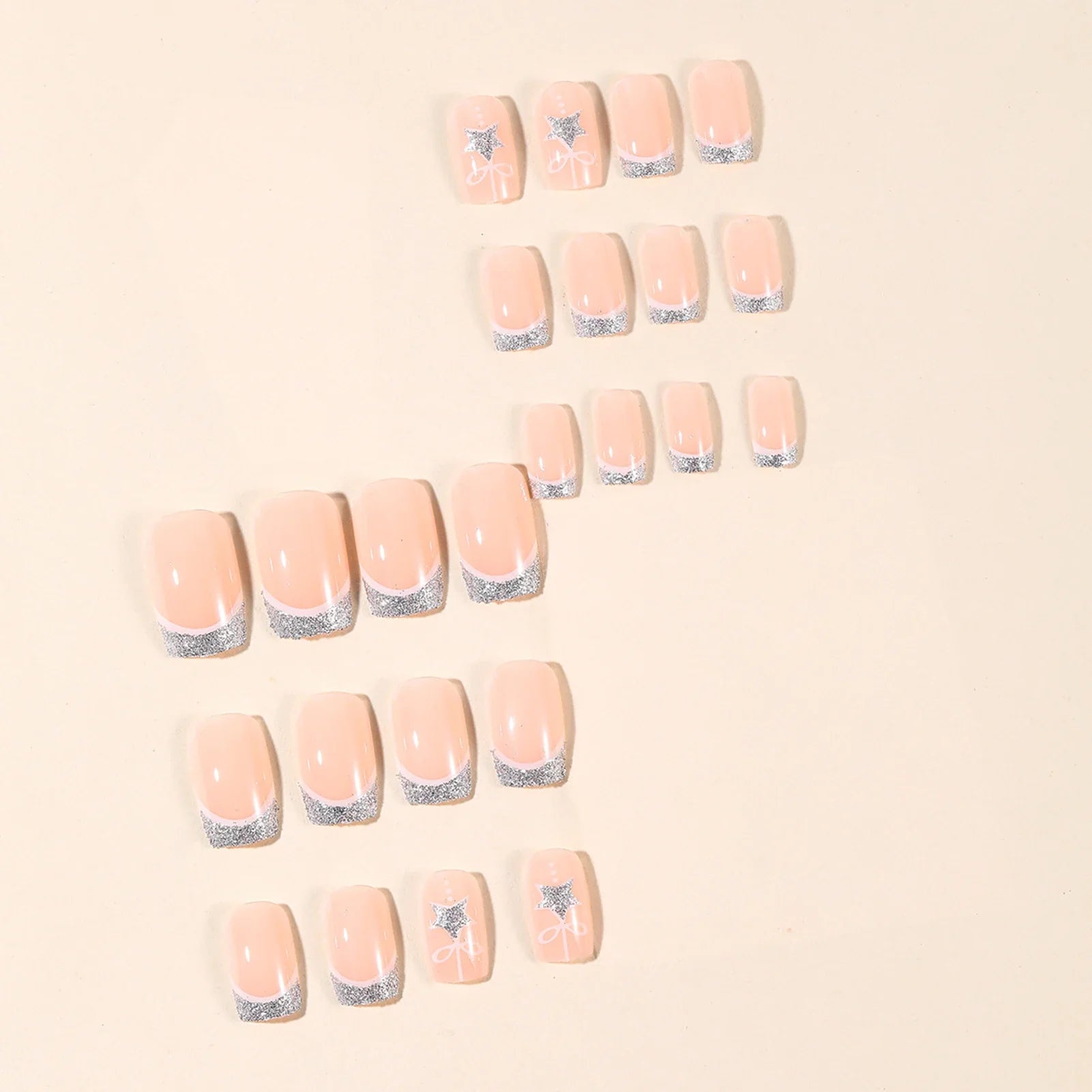 Nude Color Square Fake Nails for Christmas Party Silver French Press On Nails Star/Bowknot Designs Reusable False Nails Patches