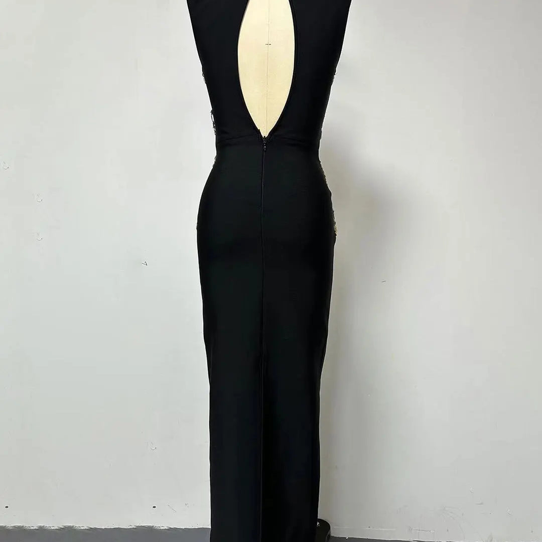 Women Sleeveless Sexy O-Neck Big Crystal Keyholes Bodycon Bandage Long Dress Fashion Celebrate Evening Party Outfit