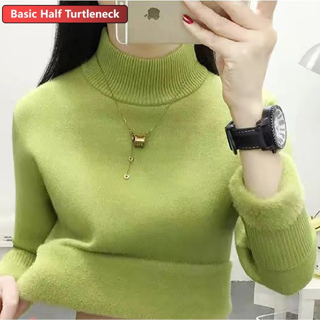 Turtleneck Winter Sweater Women Elegant Thicken Velvet Lined Warm Sueter Knitted Pullover Slim Tops Jersey Knitwear Jumper New HT green