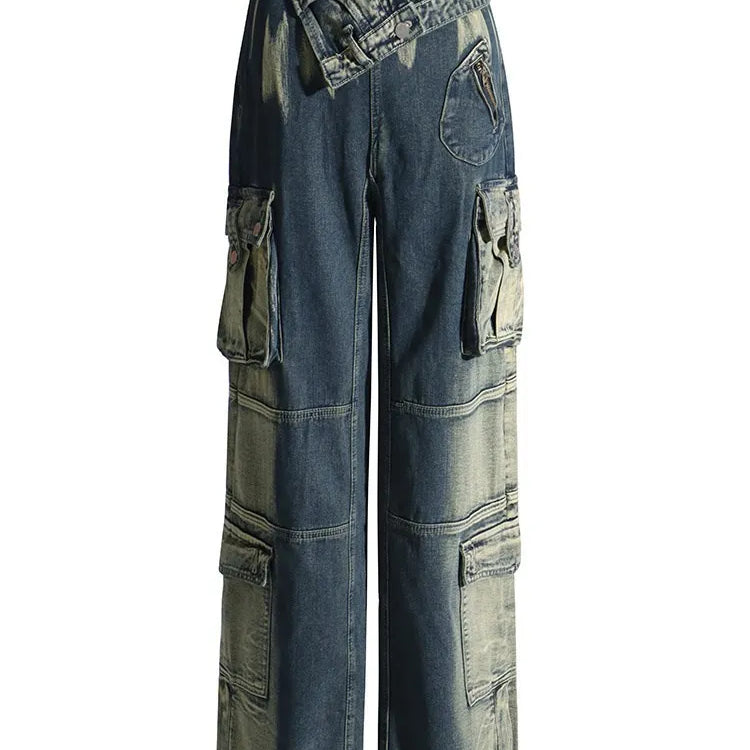 BPN Black Gothice Cargo Jeans For Women High Waist Patchwork Pockets Y2K Vintage Wide Leg Denim Pants Female Fashion Clothing