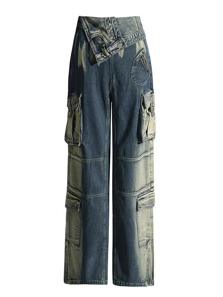 BPN Black Gothice Cargo Jeans For Women High Waist Patchwork Pockets Y2K Vintage Wide Leg Denim Pants Female Fashion Clothing