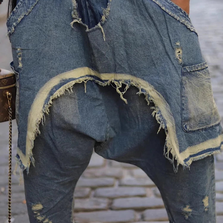 CM.YAYA Women Streetwear Ripped Out Hole Denim Pants 2025 Fall Autumn Loose Safari Style Cargo Harem Hip Hop Jeans