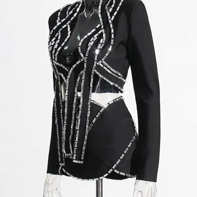 TWOTWINSTYLE Hollow Out Two Piece Sets For Women V Neck Long Sleeve Tops High Waist A Line Skirt Summer Set Female Fashion New