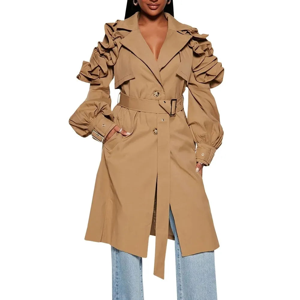 TWOTWINSTYLE Casual Spliced Ruffles Trenches For Women Lapel Long Sleeve Patchwork Belt Vintage High Street Trench Female Style