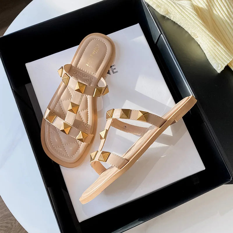 Women's Summer Outdoor Sandals ladies casual slippers flat shoes Fashion rivet design office and walking wear