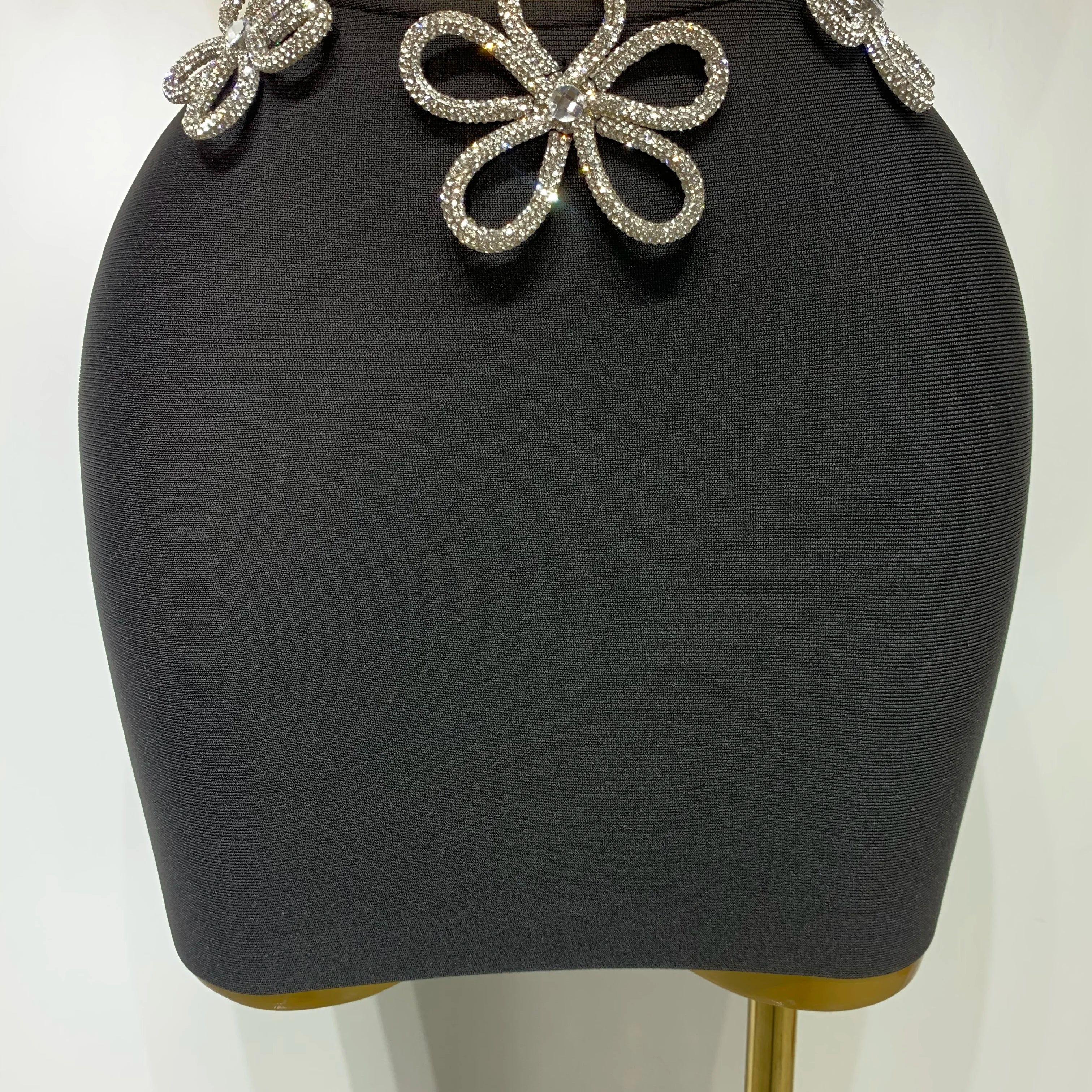 Women Celebrity Sexy Crytal Flower Black Mini Bandage Skirt Suit 2025 Knitted Elegant Evening Club Birthday Party Two Pieces Set