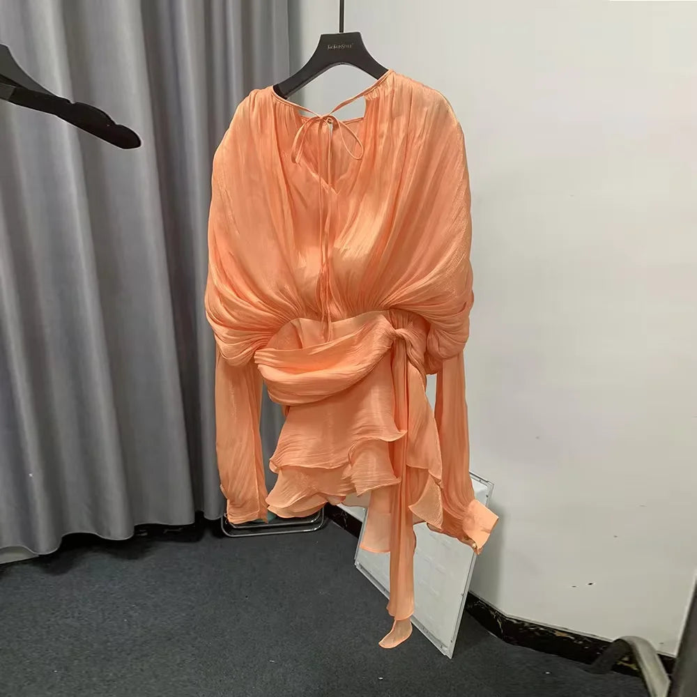 TWOTWINSTYLE Solid Loose Spliced Folds Elegant Dresses for Women Round Neck Long Sleeves Patchwork Lace Up Tunic Dress Female