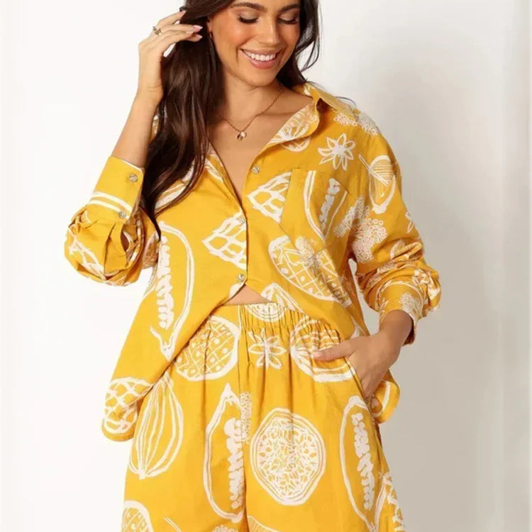 Foridol Fruit Printed Pockets Casual Shirt+shorts Set Outfits Matching Set Summer Women Spring Beach Oversize White Set